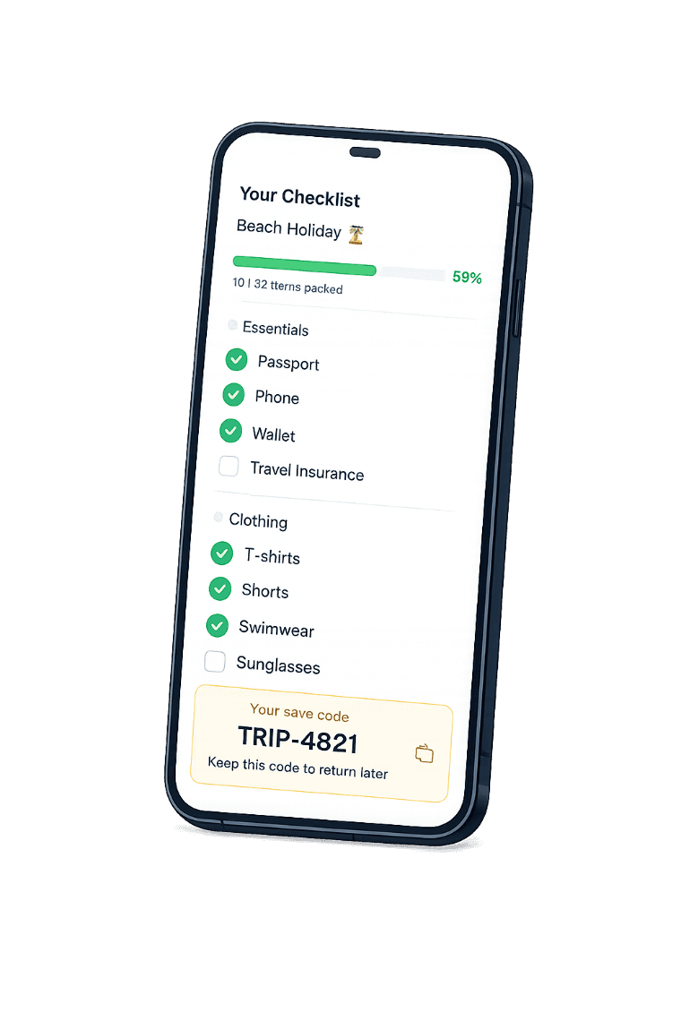 BeesOnHoliday packing checklist open on a phone